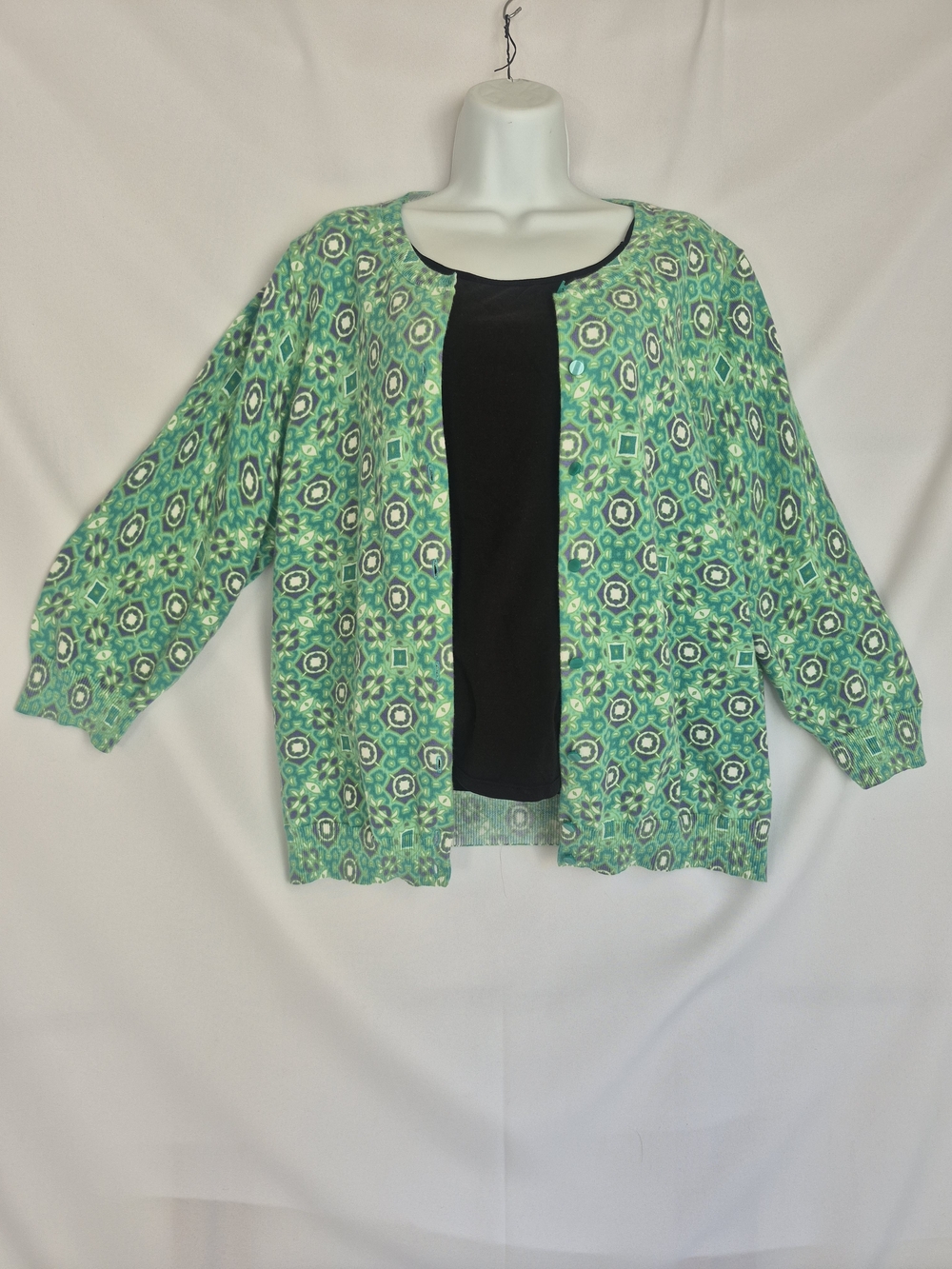 Talbots Green Geometric Open Front Crew Neck Cardigan Sweater